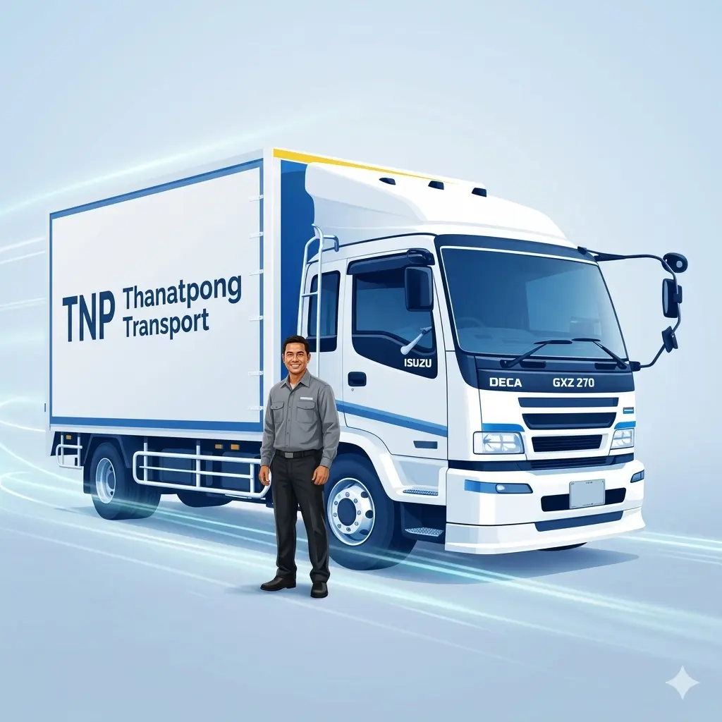 รถรับจ้างขนของ TNP Thanatpong Transport พร้อมคนขับยืนหน้ารถบรรทุกให้บริการขนส่งสินค้า
