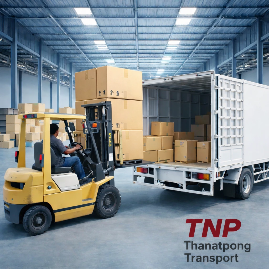 รถโฟล์คลิฟท์ยกลังสินค้าขนาดใหญ่ขึ้นรถบรรทุกหกล้อของ TNP Thanatpong Transport ภายในโกดัง