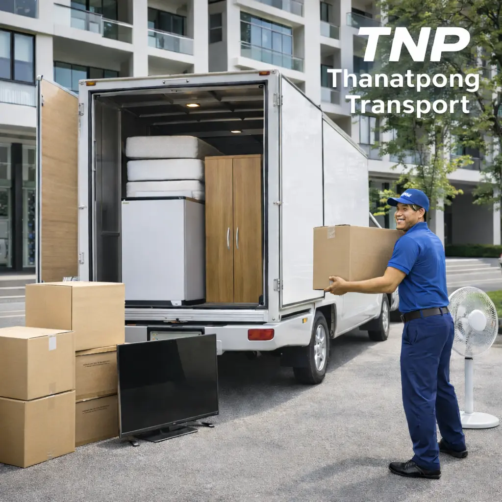 ทีมงานรถรับจ้างขนของ TNP Thanatpong Transport กำลังยกกล่องและขนย้ายของขึ้นรถหน้าคอนโด