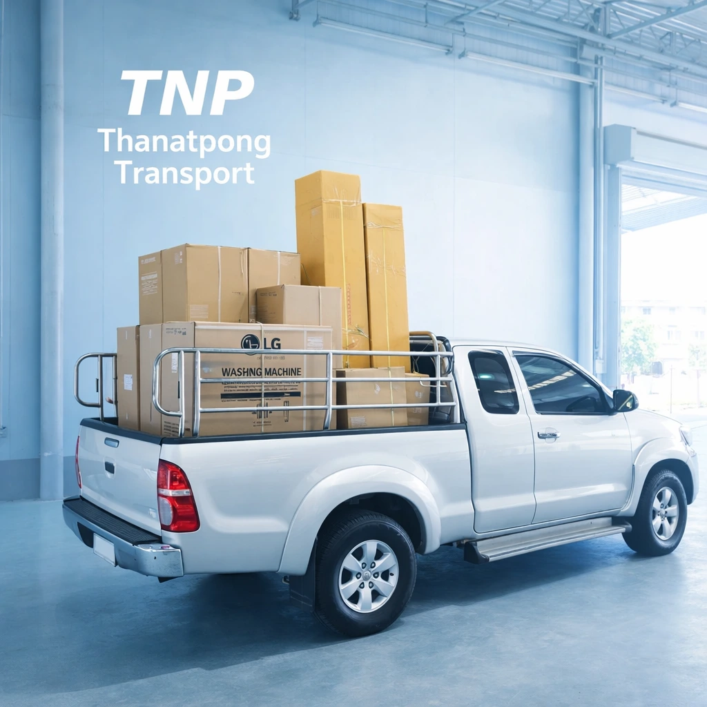 รถกระบะขนของ TNP Thanatpong Transport บรรทุกกล่องสินค้าและเครื่องใช้ไฟฟ้าในโกดัง