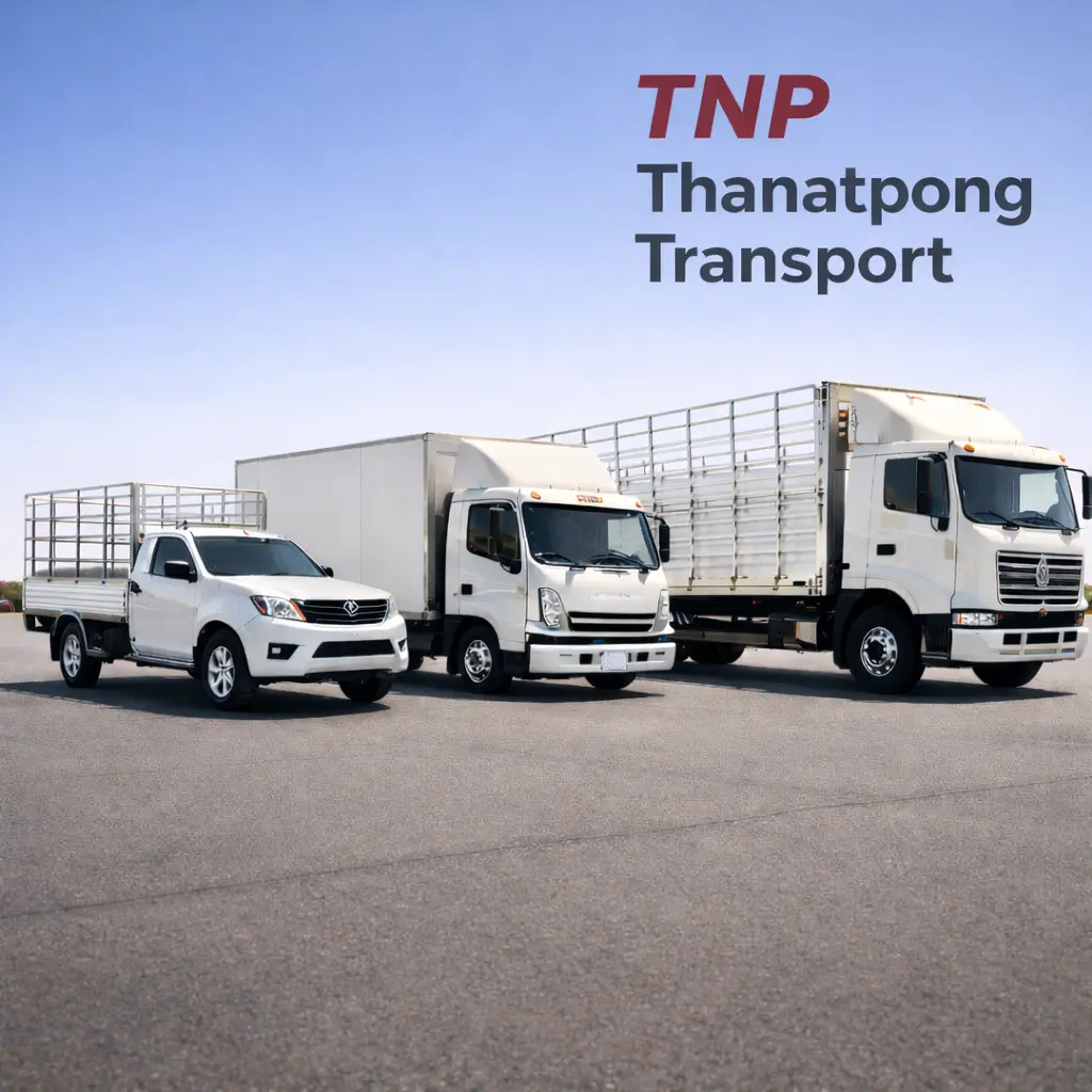 รถกระบะคอกสูง รถบรรทุก 4 ล้อตู้ทึบ และรถสิบล้อคอกสูง ของ TNP Thanatpong Transport จอดเรียงกัน