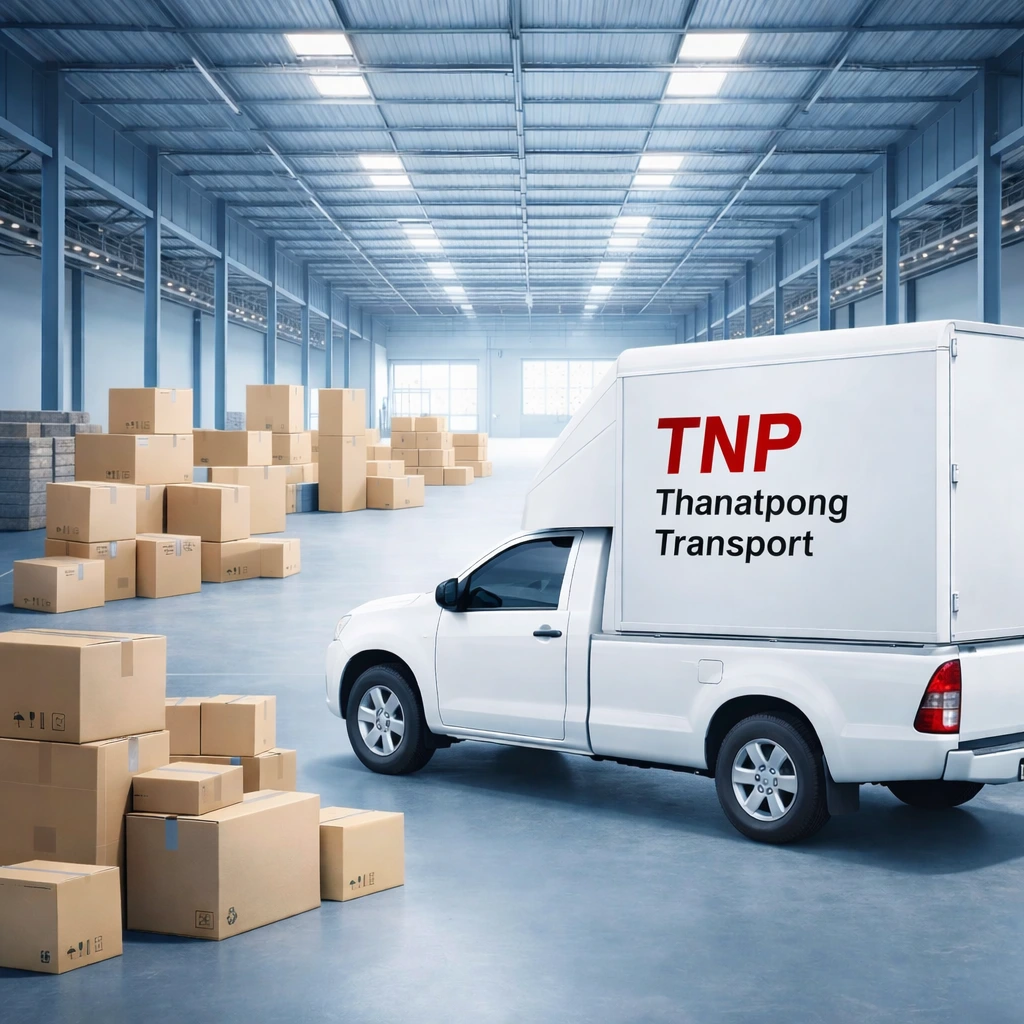 รถกระบะรับจ้าง ตู้ทึบ TNP Thanatpong Transport จอดในโกดังพร้อมกล่องสินค้าหลายขนาดวางกระจาย