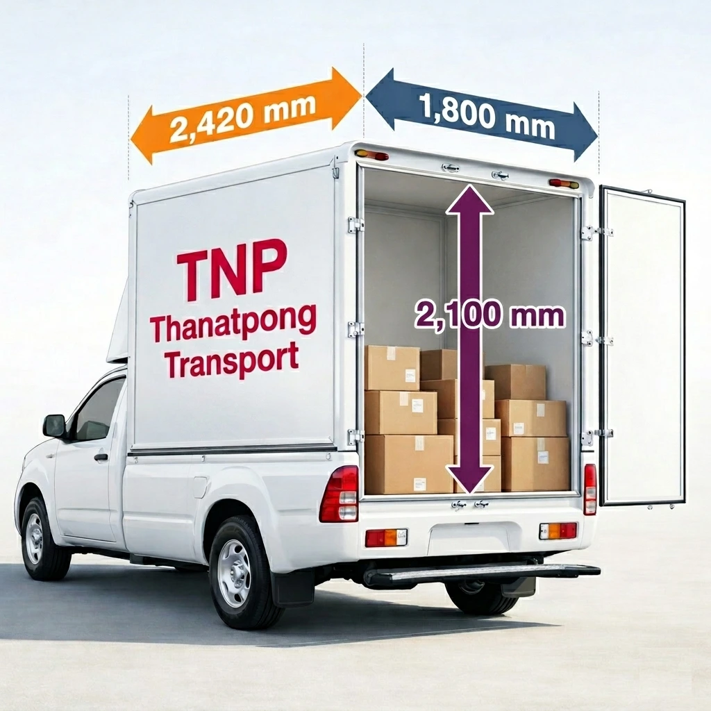 รถกระบะตู้ทึบ TNP Thanatpong Transport เปิดท้ายบรรทุกกล่องสินค้าเรียงอย่างเป็นระเบียบ